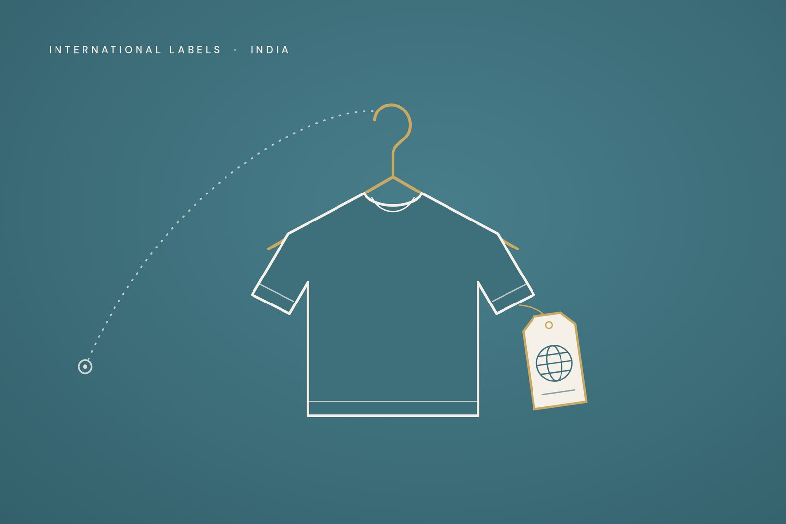 Line illustration of a T-shirt on a gold hanger with a globe hang tag, and a dotted flight path leading to it