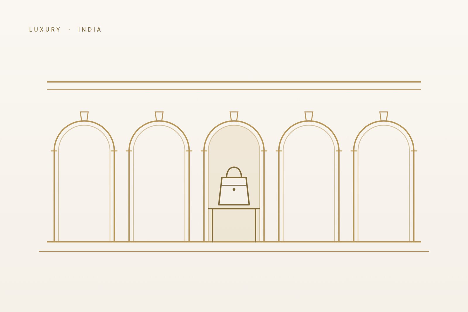 Gold line illustration of an arcade of five arches, the centre one lit and displaying a handbag on a plinth