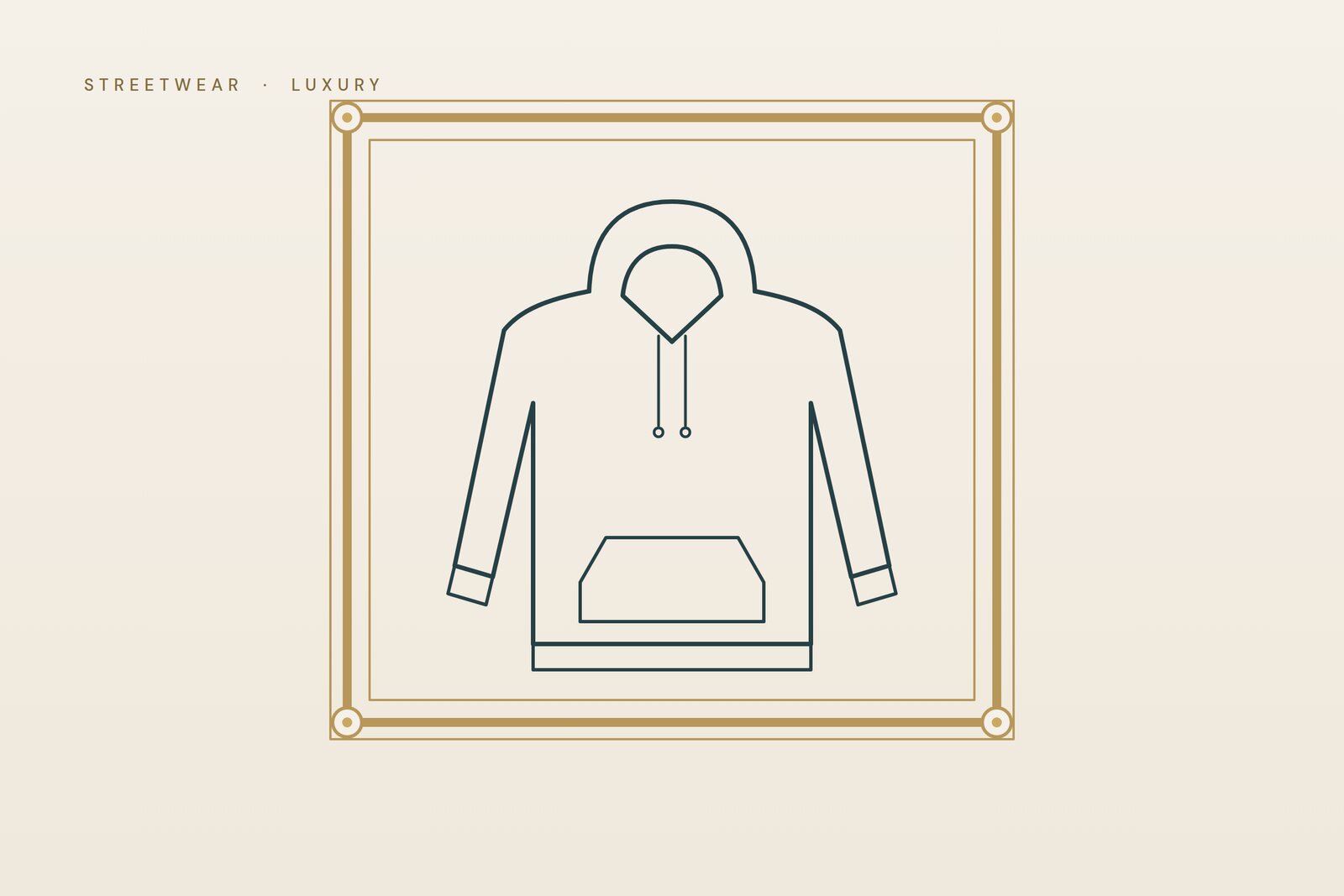 Line illustration of a hoodie displayed inside an ornate gold picture frame